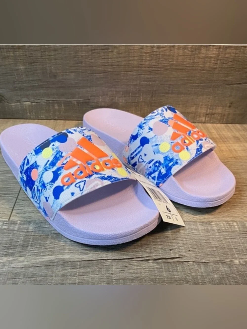 Adidas Big Kids Lilac Slides.. Multicolor Pattern and Neon Orange Logo*Authentic